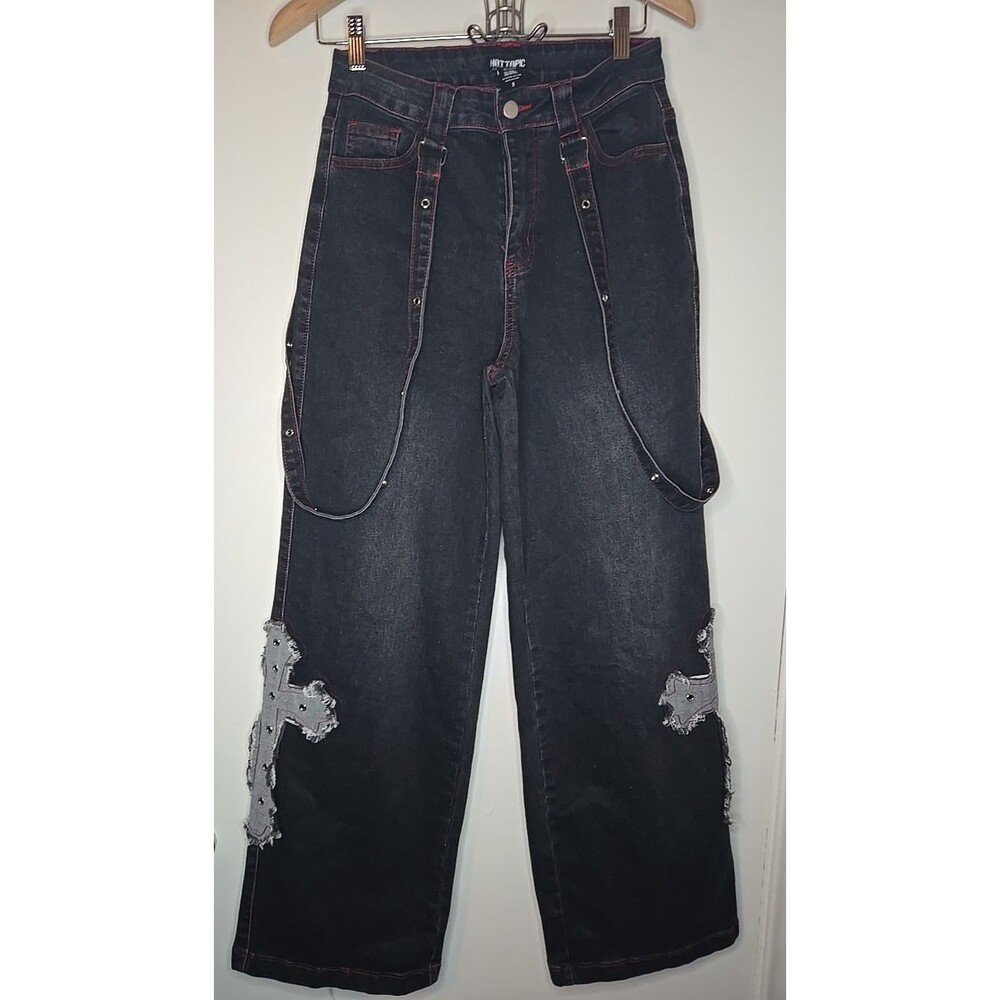 Hot Topic Women's Cross Patch Suspender Wide Leg Jeans Size 5 Gothic Y2K